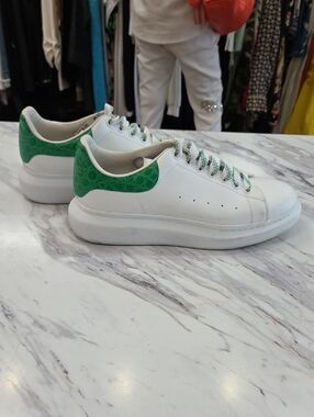 adidas gazelle silver green womens McQueen // White & Silver Metallic Leather Oversized Sneaker – VSP  Consignment
